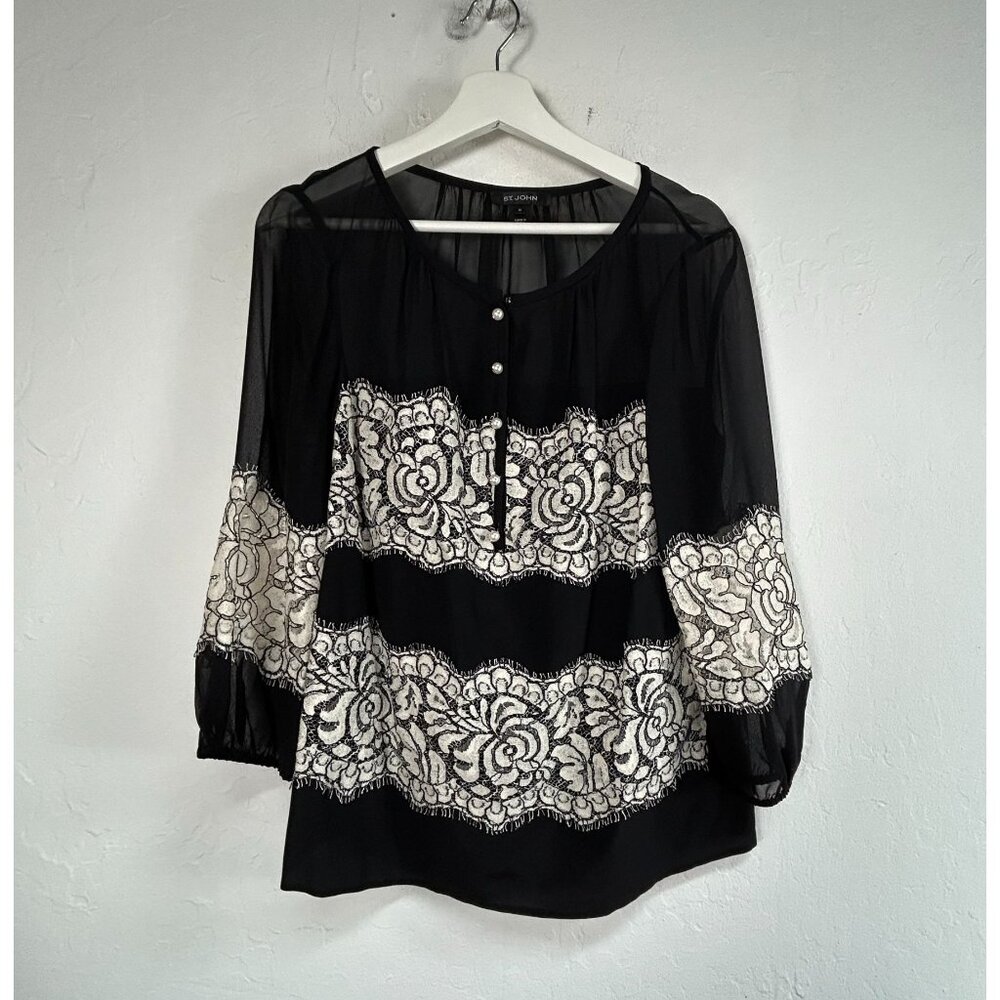 St. John Womens Black White Lace Overlay Silk Pearl Button Blouse Top Size 10